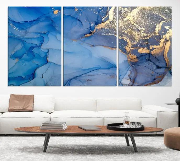 The "Blue Marble Effect Wall Art Abstract Canvas Wall Art Print" showcases an exquisite blend of blue and gold hues. This hand-assembled piece is crafted on museum-quality canvas and includes a UV-protective coating to preserve its vibrant colors over time.