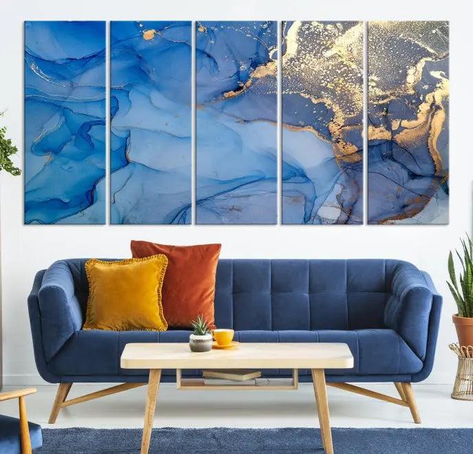 The "Blue Marble Effect Wall Art Abstract Canvas Wall Art Print" showcases an exquisite blend of blue and gold hues. This hand-assembled piece is crafted on museum-quality canvas and includes a UV-protective coating to preserve its vibrant colors over time.