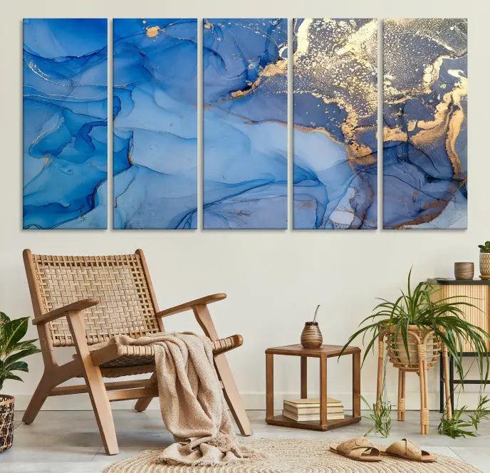 The "Blue Marble Effect Wall Art Abstract Canvas Wall Art Print" showcases an exquisite blend of blue and gold hues. This hand-assembled piece is crafted on museum-quality canvas and includes a UV-protective coating to preserve its vibrant colors over time.