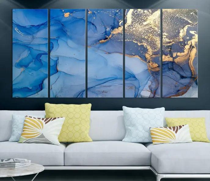 The "Blue Marble Effect Wall Art Abstract Canvas Wall Art Print" showcases an exquisite blend of blue and gold hues. This hand-assembled piece is crafted on museum-quality canvas and includes a UV-protective coating to preserve its vibrant colors over time.