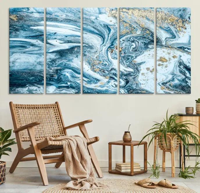 A triptych piece titled "Blue Marble Fluid Effect Wall Art Canvas Wall Art Print," featuring an abstract design in blue and gold on museum-quality canvas with a UV-protective coating, graces the wall.