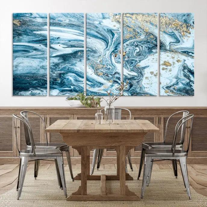 A triptych piece titled "Blue Marble Fluid Effect Wall Art Canvas Wall Art Print," featuring an abstract design in blue and gold on museum-quality canvas with a UV-protective coating, graces the wall.