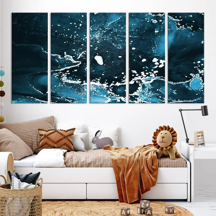 The Blue Marble Ink Splash Effect Wall Art Abstract Canvas Wall Art Print features a gallery-wrapped finish on museum-quality canvas with UV-protective coating, hanging elegantly in the room.