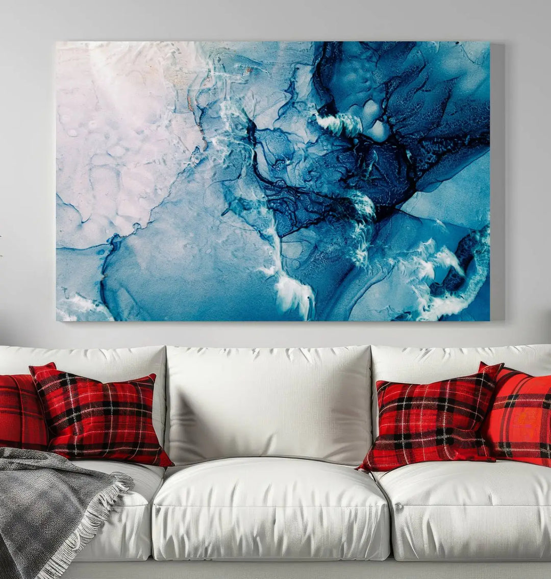 The "Blue Marble Large Wall Art Abstract Canvas Wall Art Print" features a sophisticated gallery-wrapped design.