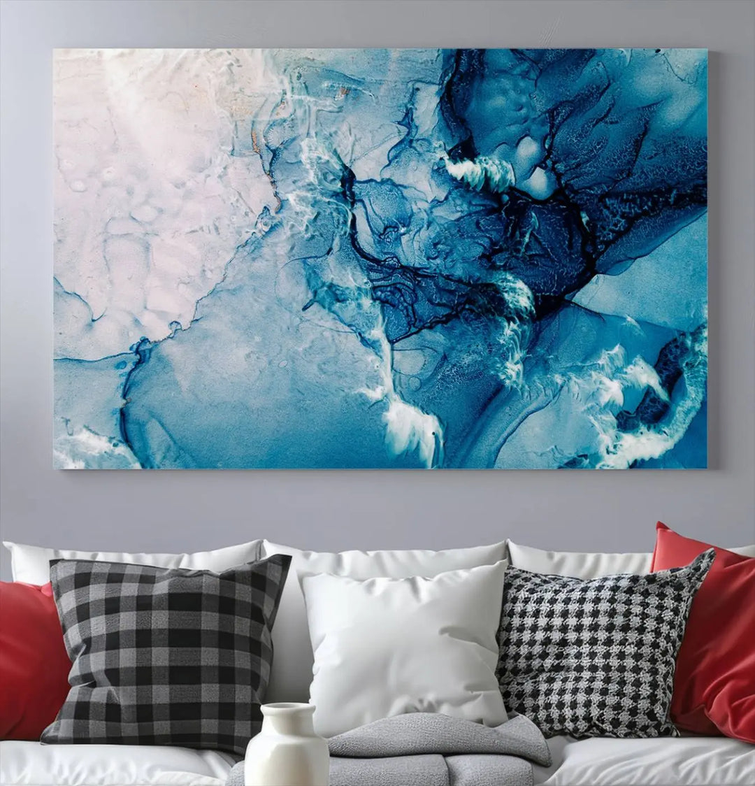 The "Blue Marble Large Wall Art Abstract Canvas Wall Art Print" features a sophisticated gallery-wrapped design.