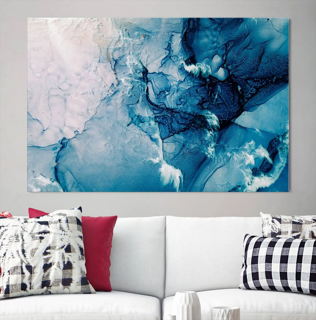 The "Blue Marble Large Wall Art Abstract Canvas Wall Art Print" features a sophisticated gallery-wrapped design.