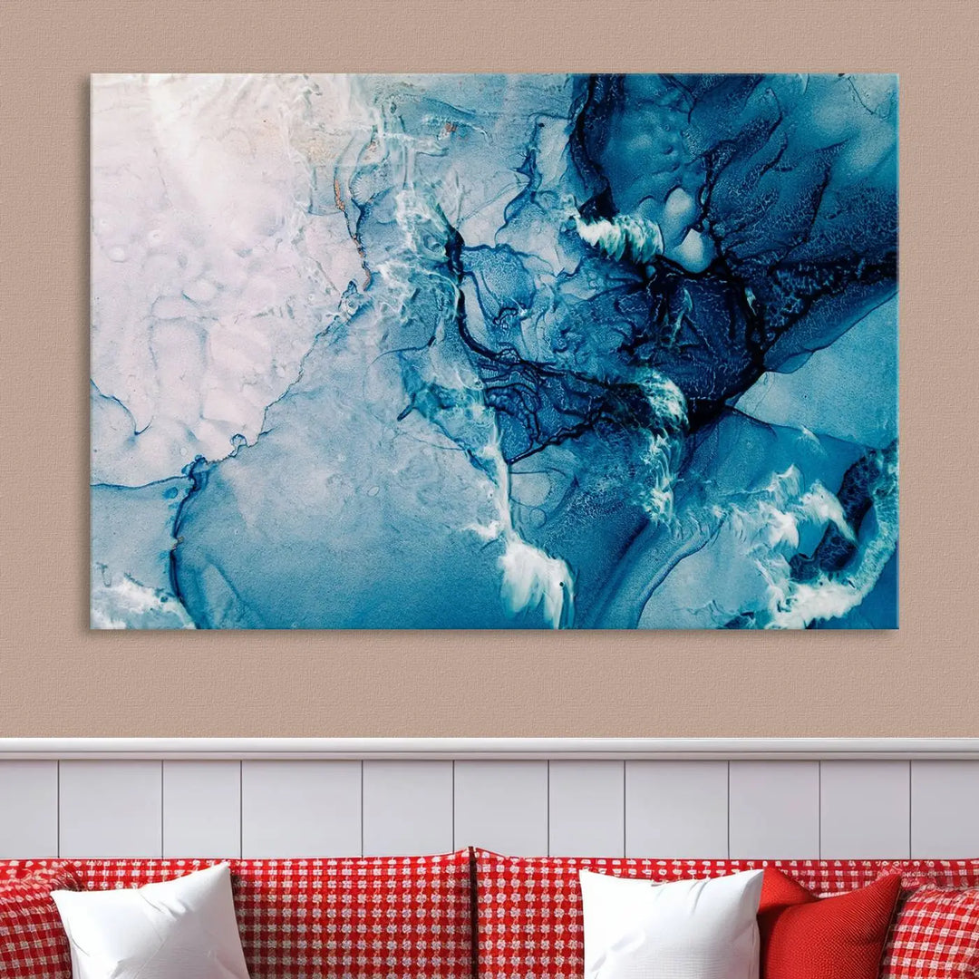 The "Blue Marble Large Wall Art Abstract Canvas Wall Art Print" features a sophisticated gallery-wrapped design.