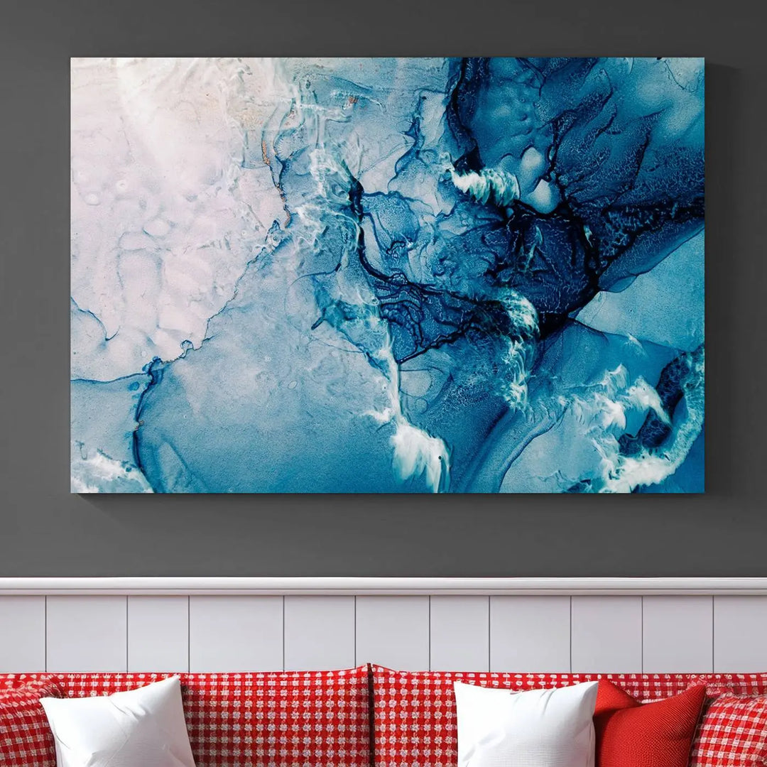 The "Blue Marble Large Wall Art Abstract Canvas Wall Art Print" features a sophisticated gallery-wrapped design.