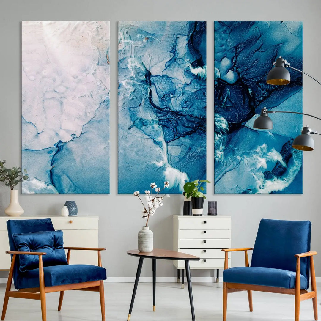 The "Blue Marble Large Wall Art Abstract Canvas Wall Art Print" features a sophisticated gallery-wrapped design.