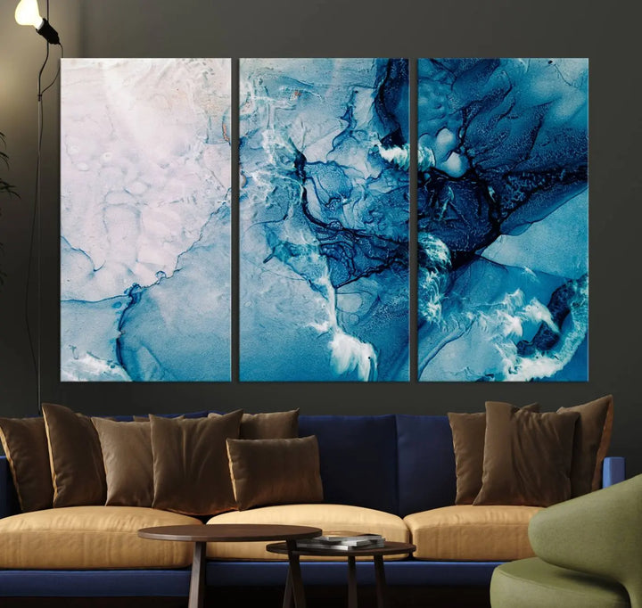 The "Blue Marble Large Wall Art Abstract Canvas Wall Art Print" features a sophisticated gallery-wrapped design.