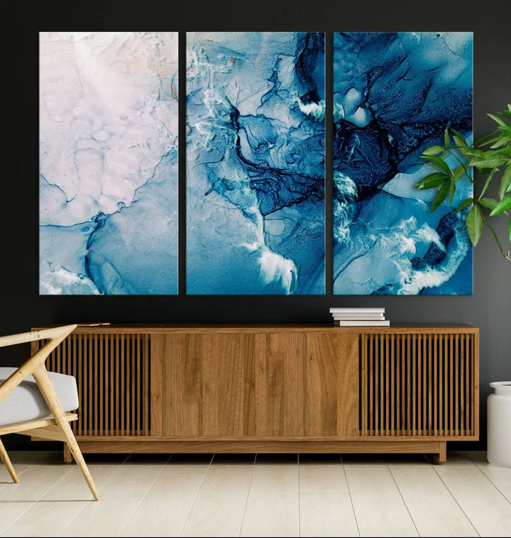 The "Blue Marble Large Wall Art Abstract Canvas Wall Art Print" features a sophisticated gallery-wrapped design.