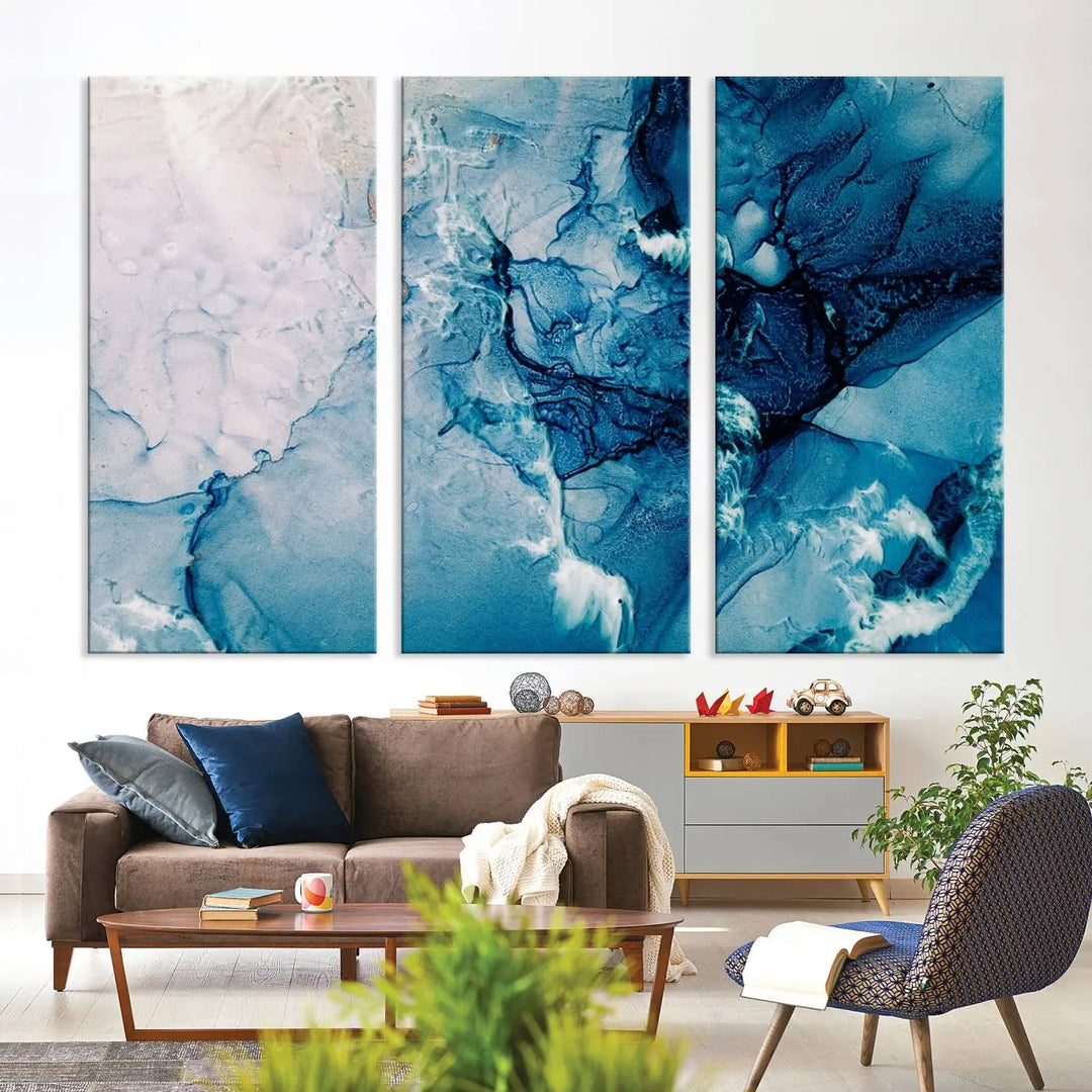 The "Blue Marble Large Wall Art Abstract Canvas Wall Art Print" features a sophisticated gallery-wrapped design.