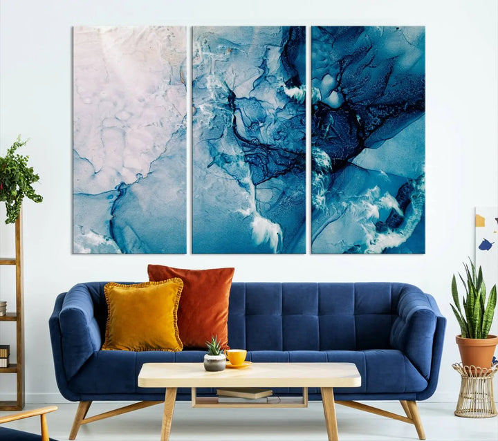 The "Blue Marble Large Wall Art Abstract Canvas Wall Art Print" features a sophisticated gallery-wrapped design.