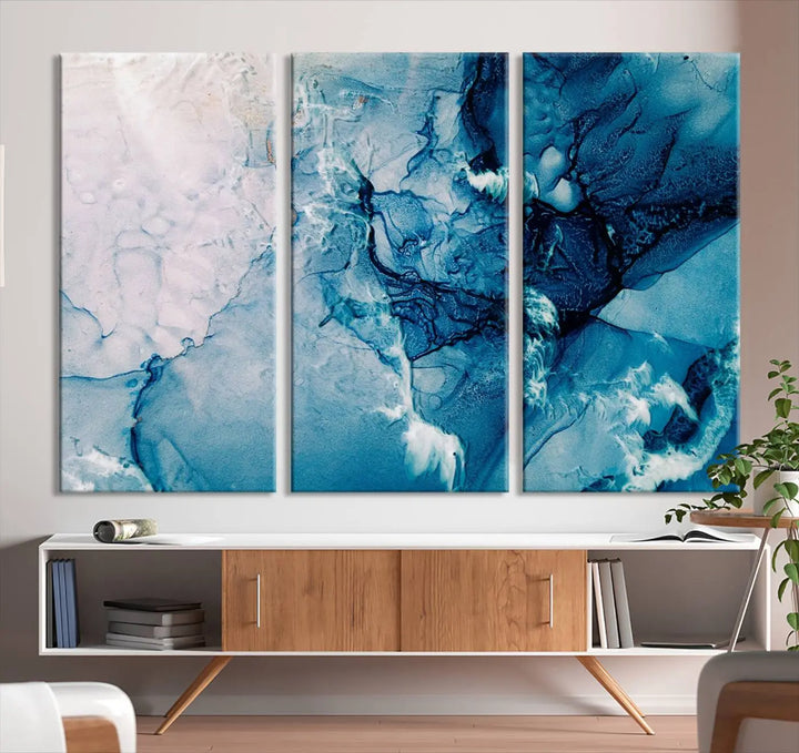 The "Blue Marble Large Wall Art Abstract Canvas Wall Art Print" features a sophisticated gallery-wrapped design.