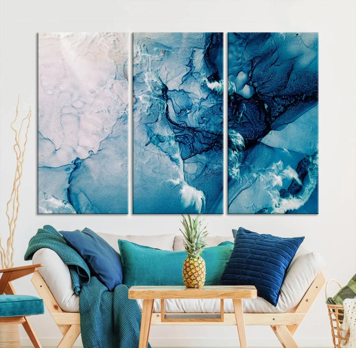 The "Blue Marble Large Wall Art Abstract Canvas Wall Art Print" features a sophisticated gallery-wrapped design.