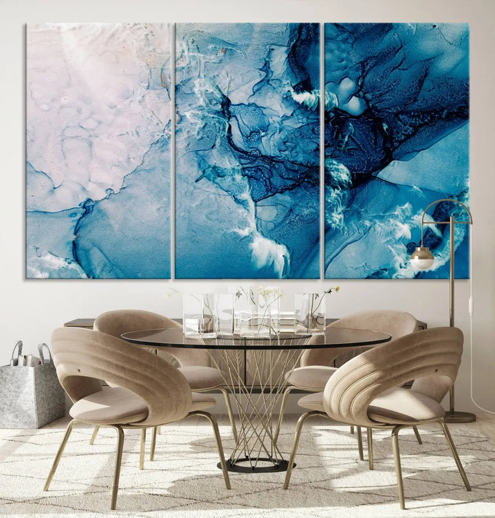 The "Blue Marble Large Wall Art Abstract Canvas Wall Art Print" features a sophisticated gallery-wrapped design.