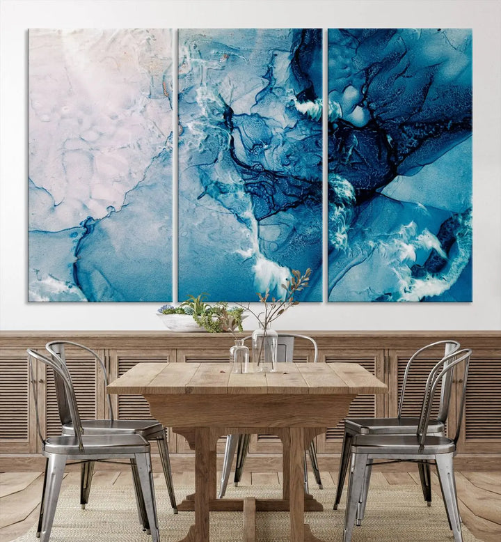 The "Blue Marble Large Wall Art Abstract Canvas Wall Art Print" features a sophisticated gallery-wrapped design.