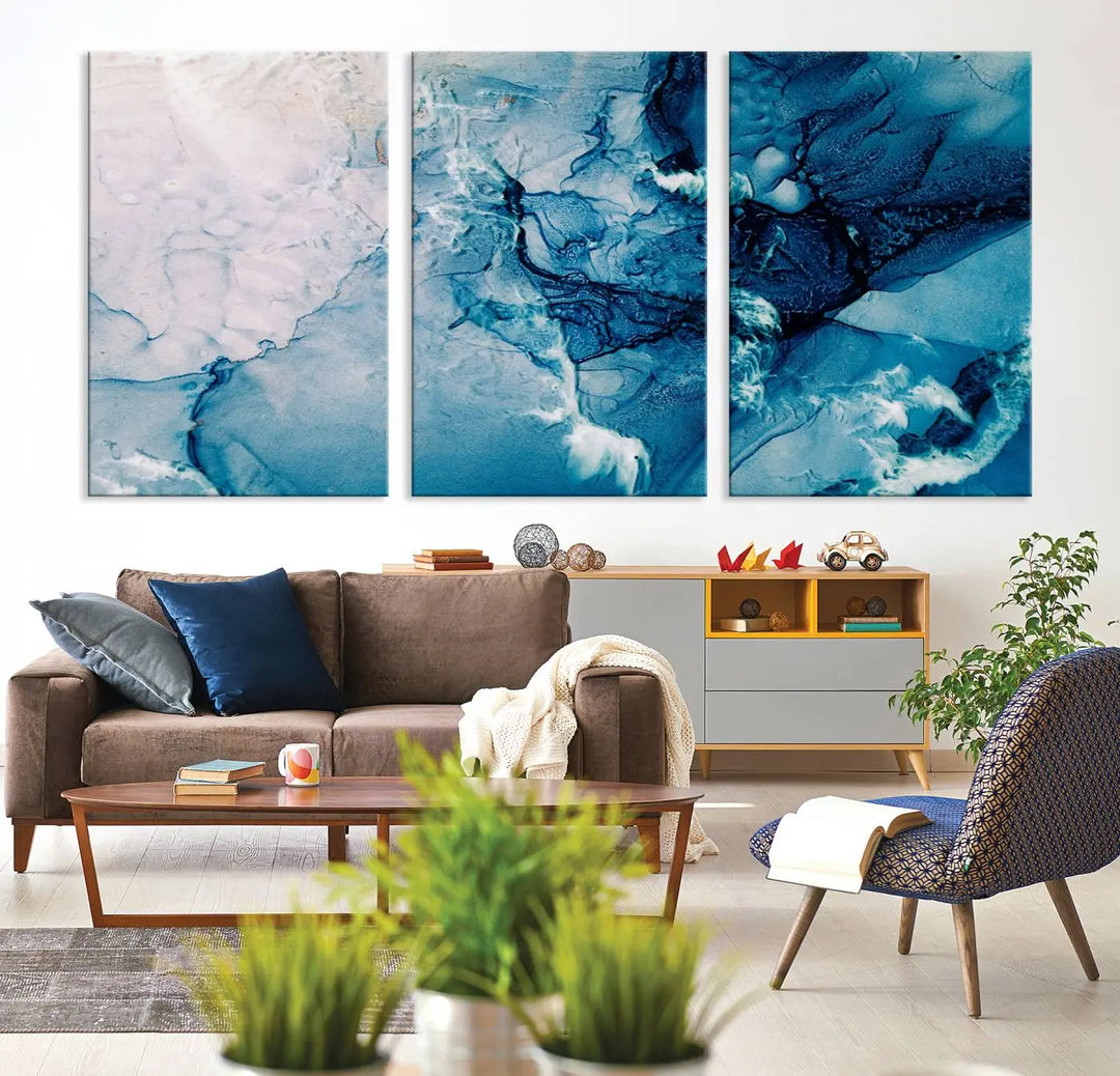 The "Blue Marble Large Wall Art Abstract Canvas Wall Art Print" features a sophisticated gallery-wrapped design.