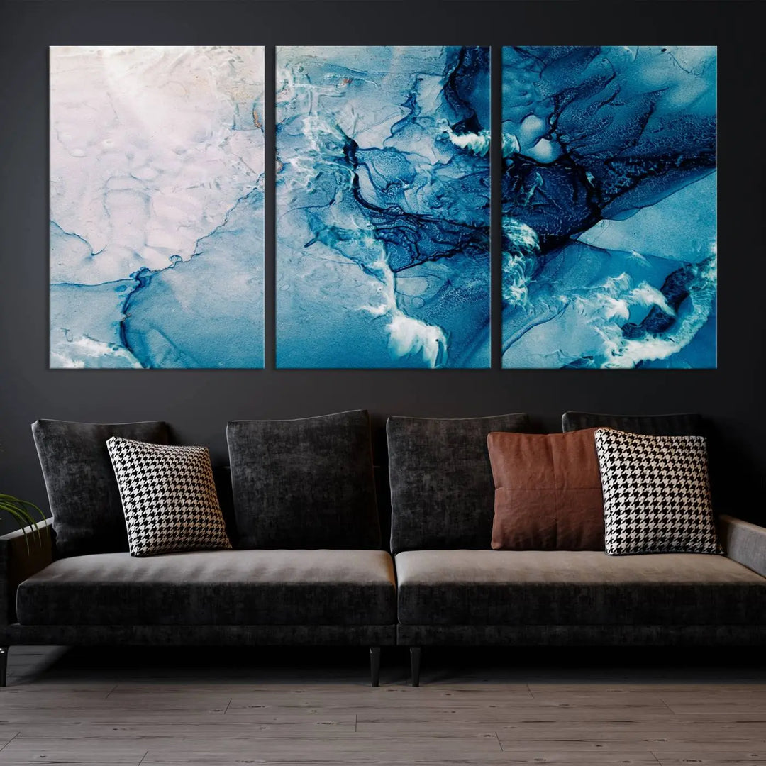 The "Blue Marble Large Wall Art Abstract Canvas Wall Art Print" features a sophisticated gallery-wrapped design.