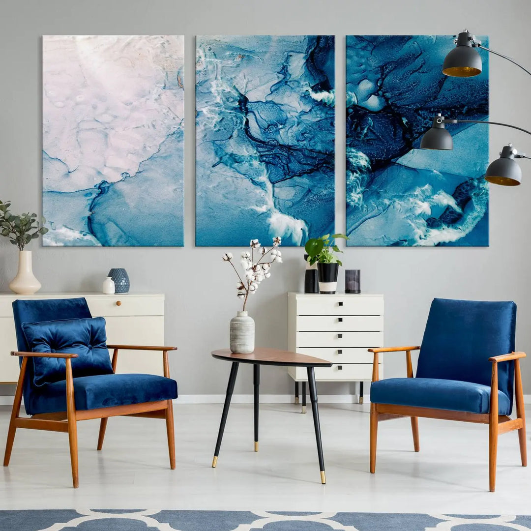 The "Blue Marble Large Wall Art Abstract Canvas Wall Art Print" features a sophisticated gallery-wrapped design.