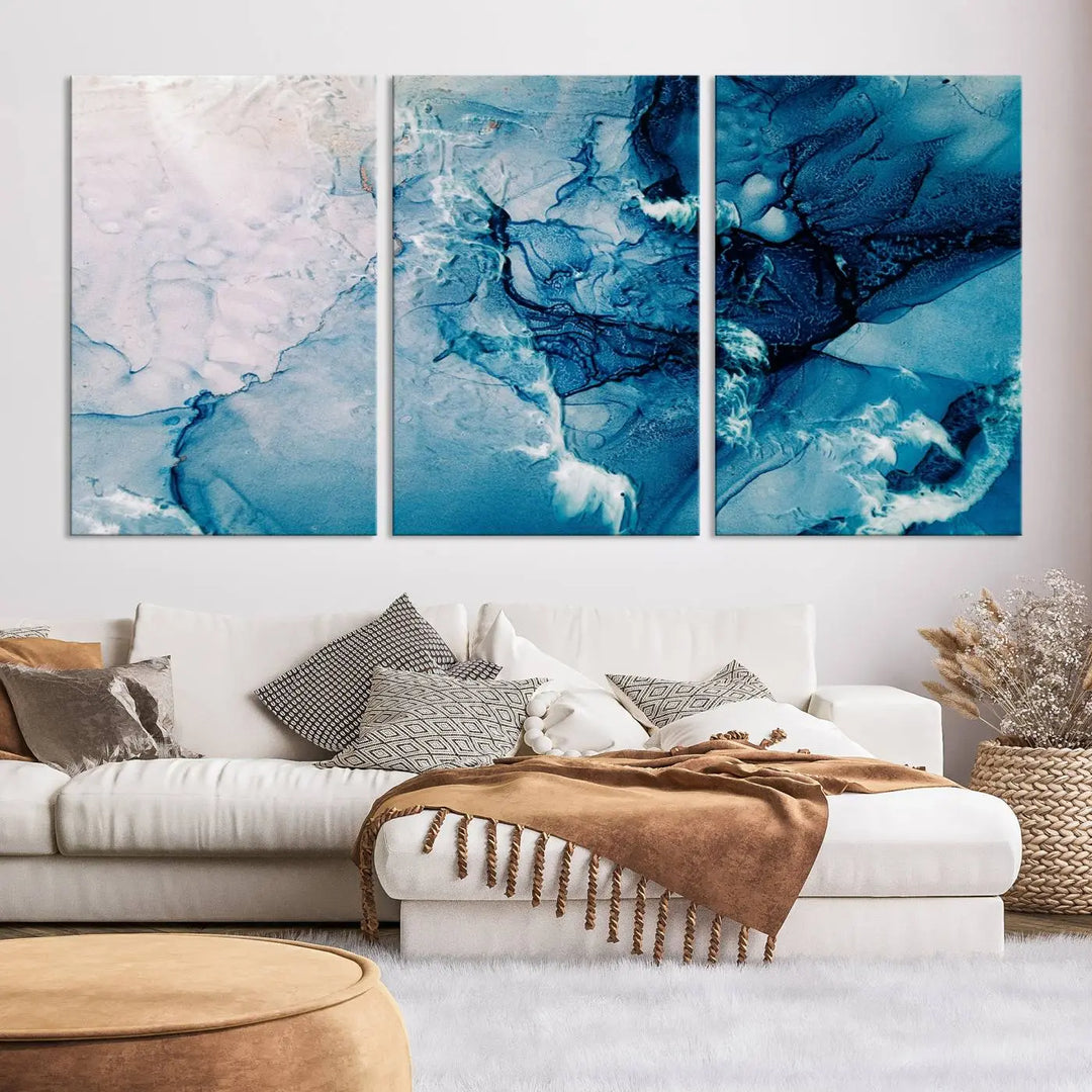 The "Blue Marble Large Wall Art Abstract Canvas Wall Art Print" features a sophisticated gallery-wrapped design.