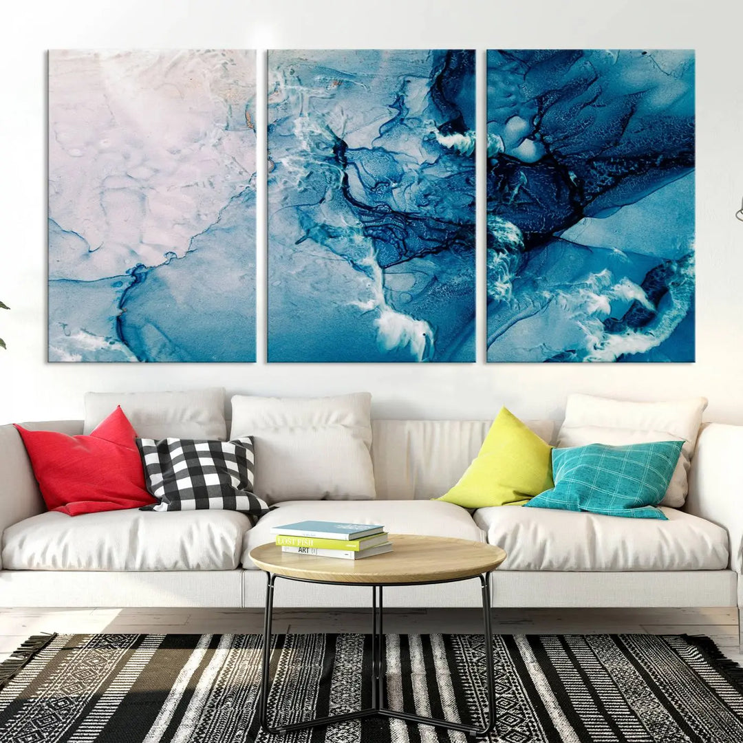 The "Blue Marble Large Wall Art Abstract Canvas Wall Art Print" features a sophisticated gallery-wrapped design.