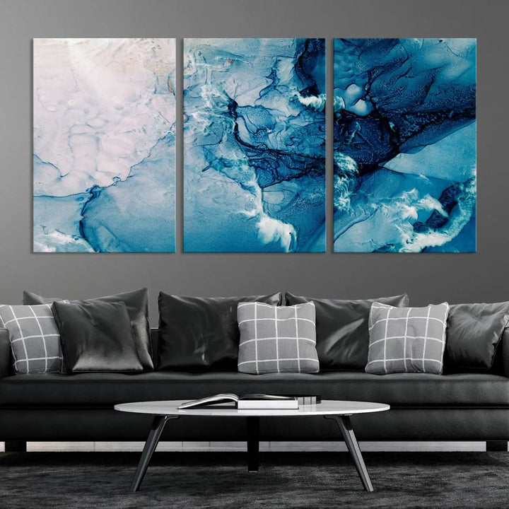 The "Blue Marble Large Wall Art Abstract Canvas Wall Art Print" features a sophisticated gallery-wrapped design.