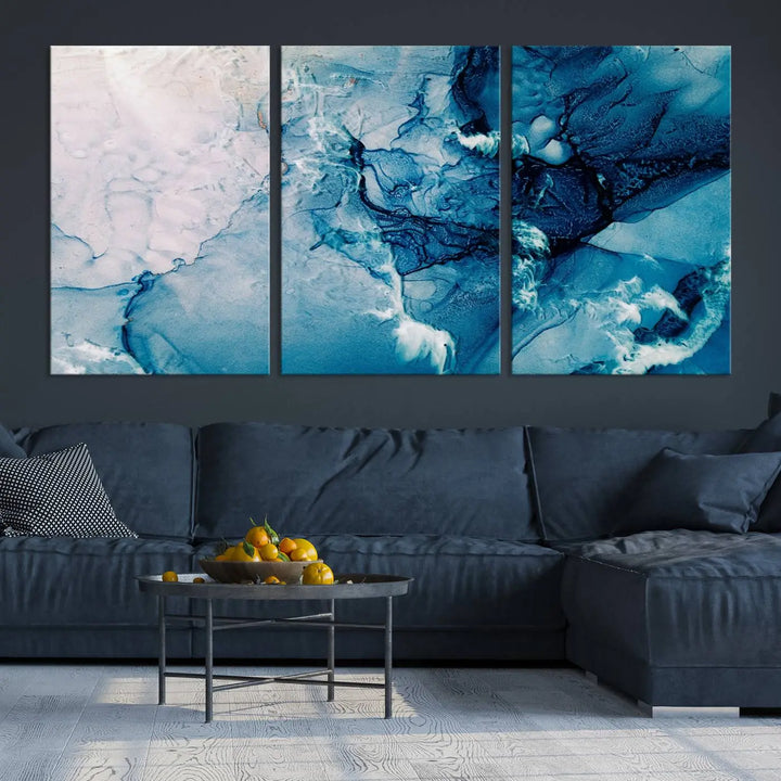 The "Blue Marble Large Wall Art Abstract Canvas Wall Art Print" features a sophisticated gallery-wrapped design.