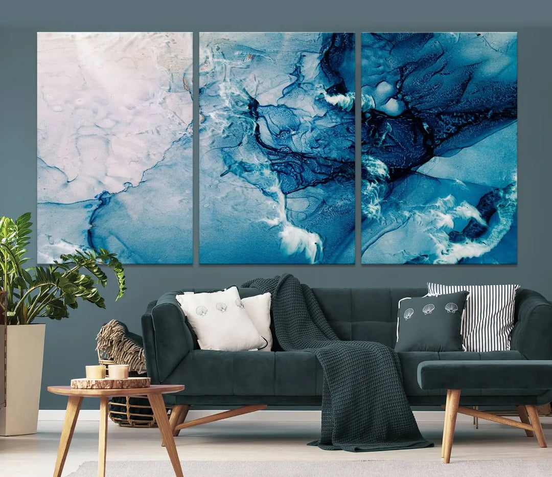 The "Blue Marble Large Wall Art Abstract Canvas Wall Art Print" features a sophisticated gallery-wrapped design.