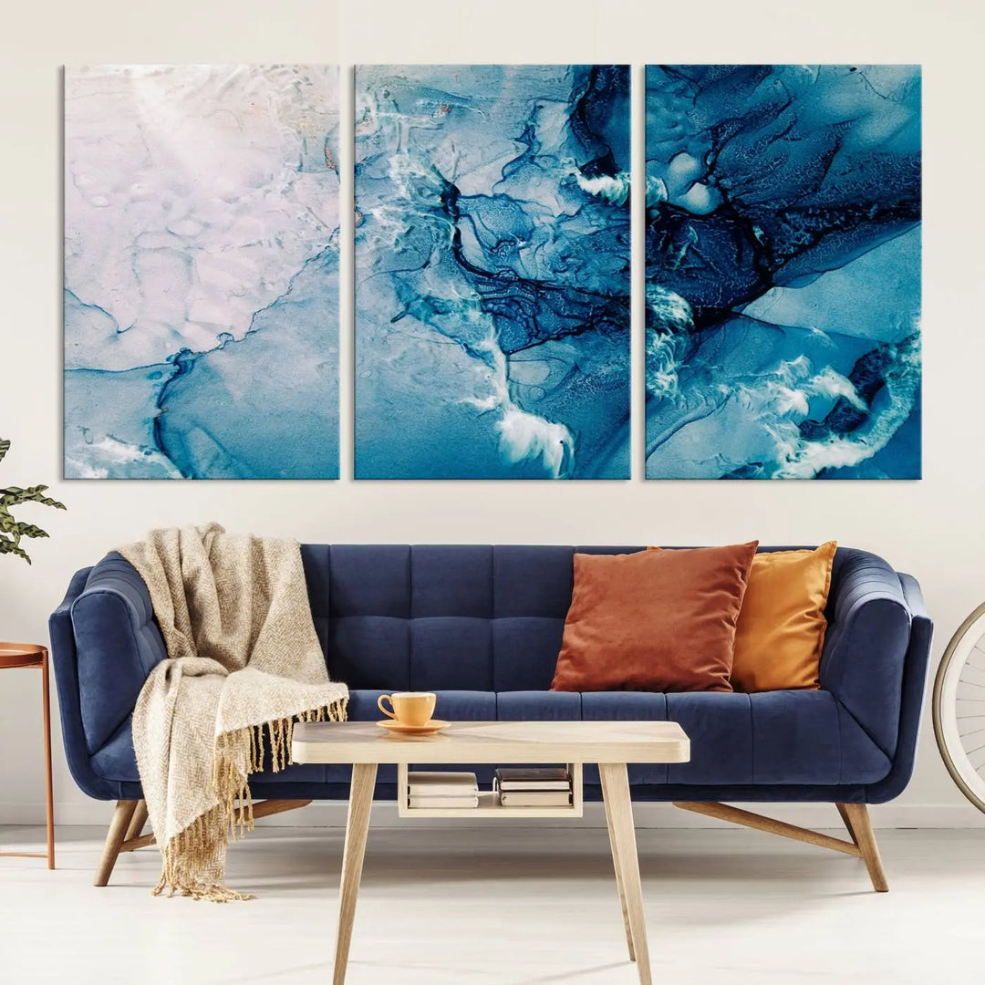 The "Blue Marble Large Wall Art Abstract Canvas Wall Art Print" features a sophisticated gallery-wrapped design.