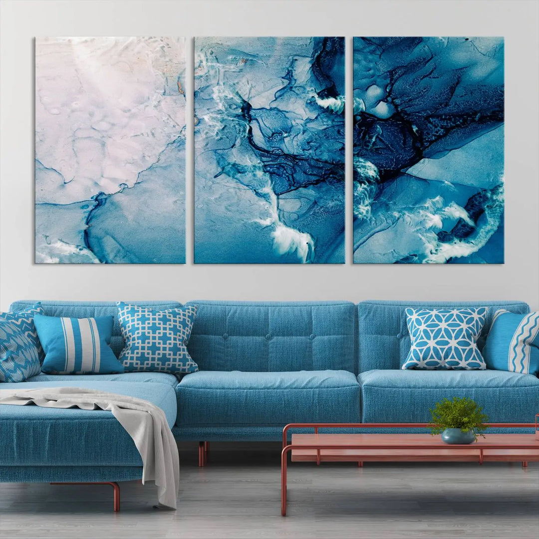 The "Blue Marble Large Wall Art Abstract Canvas Wall Art Print" features a sophisticated gallery-wrapped design.