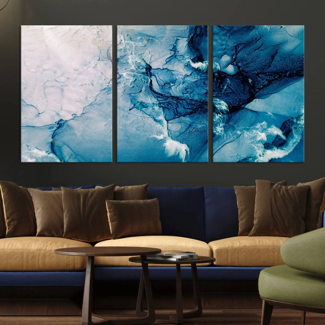 The "Blue Marble Large Wall Art Abstract Canvas Wall Art Print" features a sophisticated gallery-wrapped design.