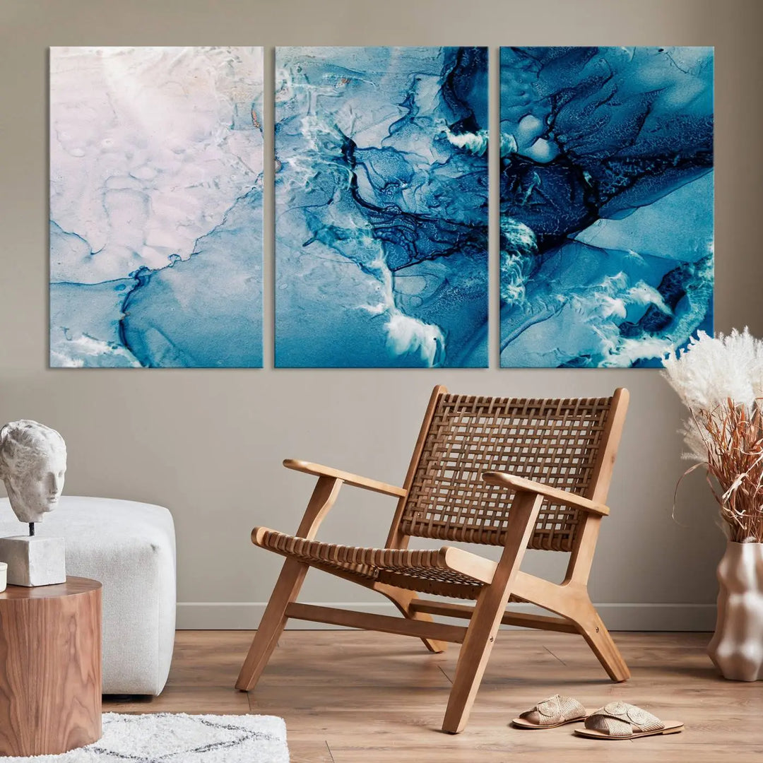 The "Blue Marble Large Wall Art Abstract Canvas Wall Art Print" features a sophisticated gallery-wrapped design.