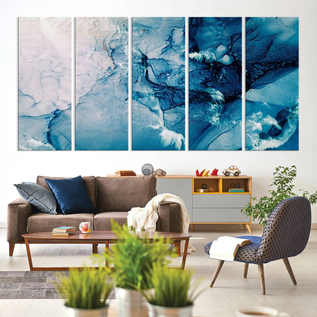 The "Blue Marble Large Wall Art Abstract Canvas Wall Art Print" features a sophisticated gallery-wrapped design.