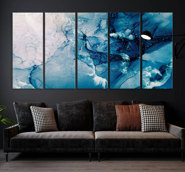 The "Blue Marble Large Wall Art Abstract Canvas Wall Art Print" features a sophisticated gallery-wrapped design.