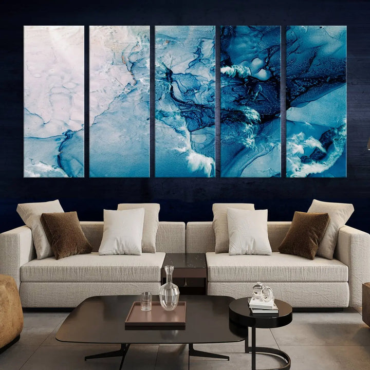 The "Blue Marble Large Wall Art Abstract Canvas Wall Art Print" features a sophisticated gallery-wrapped design.