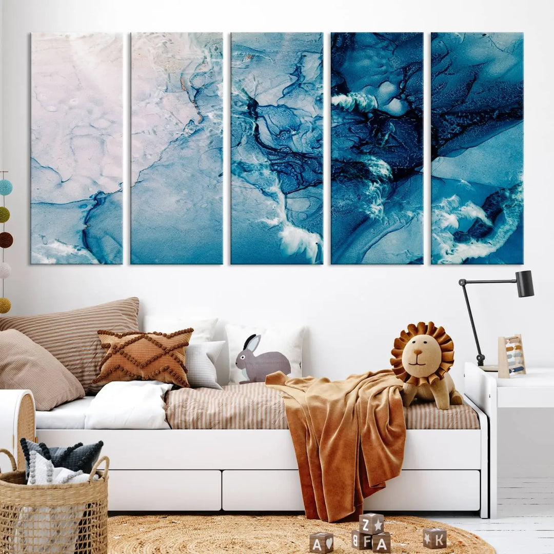 The "Blue Marble Large Wall Art Abstract Canvas Wall Art Print" features a sophisticated gallery-wrapped design.