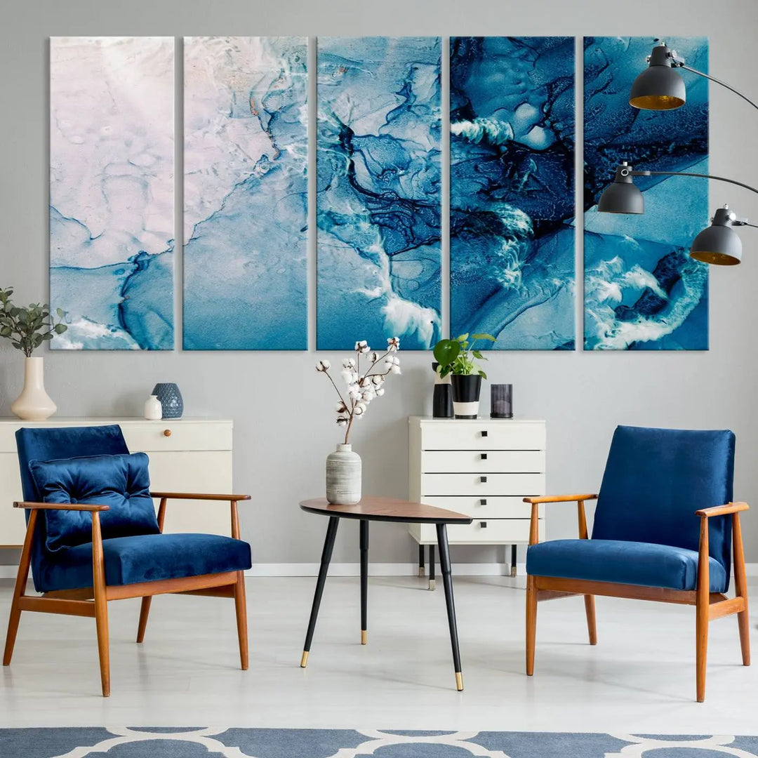 The "Blue Marble Large Wall Art Abstract Canvas Wall Art Print" features a sophisticated gallery-wrapped design.