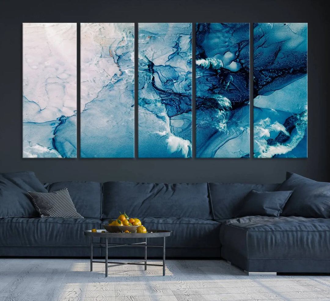 The "Blue Marble Large Wall Art Abstract Canvas Wall Art Print" features a sophisticated gallery-wrapped design.