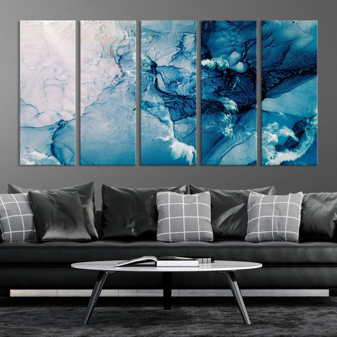 The "Blue Marble Large Wall Art Abstract Canvas Wall Art Print" features a sophisticated gallery-wrapped design.