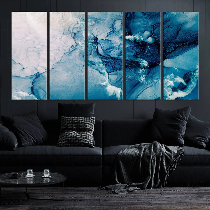 The "Blue Marble Large Wall Art Abstract Canvas Wall Art Print" features a sophisticated gallery-wrapped design.