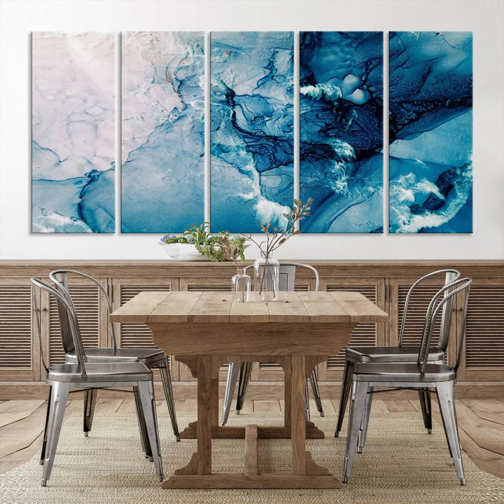 The "Blue Marble Large Wall Art Abstract Canvas Wall Art Print" features a sophisticated gallery-wrapped design.