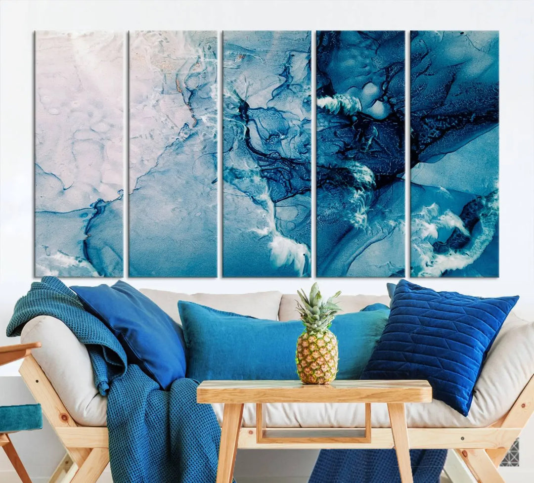 The "Blue Marble Large Wall Art Abstract Canvas Wall Art Print" features a sophisticated gallery-wrapped design.