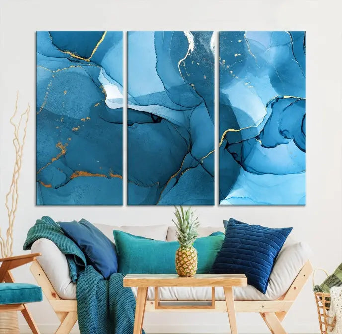 The Blue Marble Modern Wall Art Abstract Canvas Wall Art Print, gallery wrapped on museum-quality canvas, is displayed. Guarded by a UV-protective coating to maintain its lasting vibrancy.