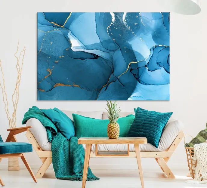 The Blue Marble Modern Wall Art Abstract Canvas Wall Art Print, gallery wrapped on museum-quality canvas, is displayed. Guarded by a UV-protective coating to maintain its lasting vibrancy.