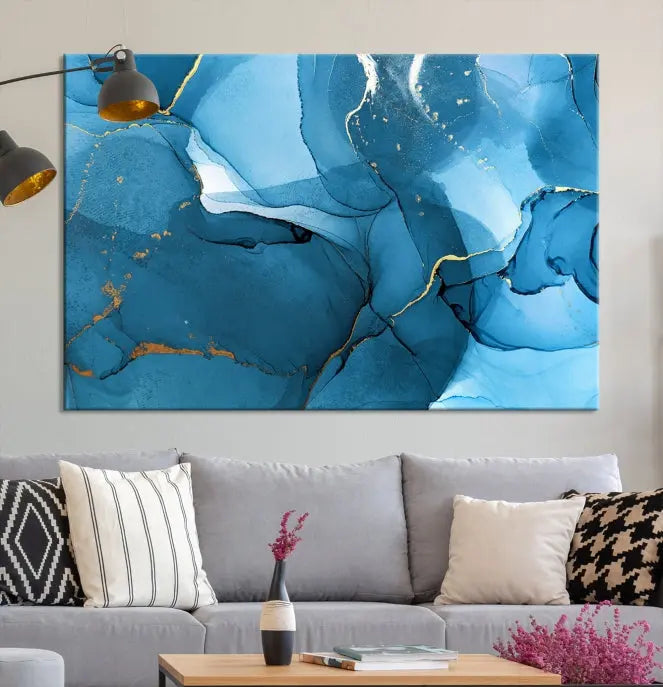 The Blue Marble Modern Wall Art Abstract Canvas Wall Art Print, gallery wrapped on museum-quality canvas, is displayed. Guarded by a UV-protective coating to maintain its lasting vibrancy.