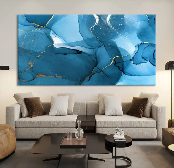 The Blue Marble Modern Wall Art Abstract Canvas Wall Art Print, gallery wrapped on museum-quality canvas, is displayed. Guarded by a UV-protective coating to maintain its lasting vibrancy.