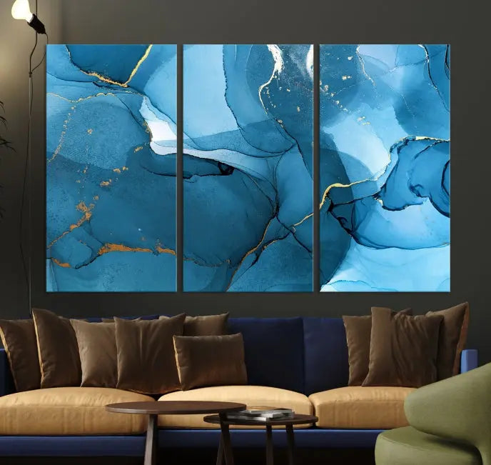 The Blue Marble Modern Wall Art Abstract Canvas Wall Art Print, gallery wrapped on museum-quality canvas, is displayed. Guarded by a UV-protective coating to maintain its lasting vibrancy.