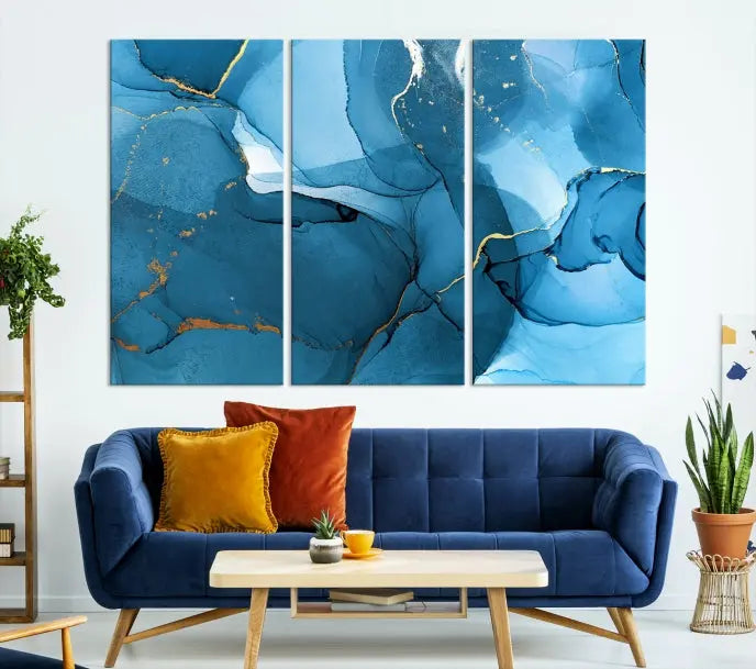 The Blue Marble Modern Wall Art Abstract Canvas Wall Art Print, gallery wrapped on museum-quality canvas, is displayed. Guarded by a UV-protective coating to maintain its lasting vibrancy.