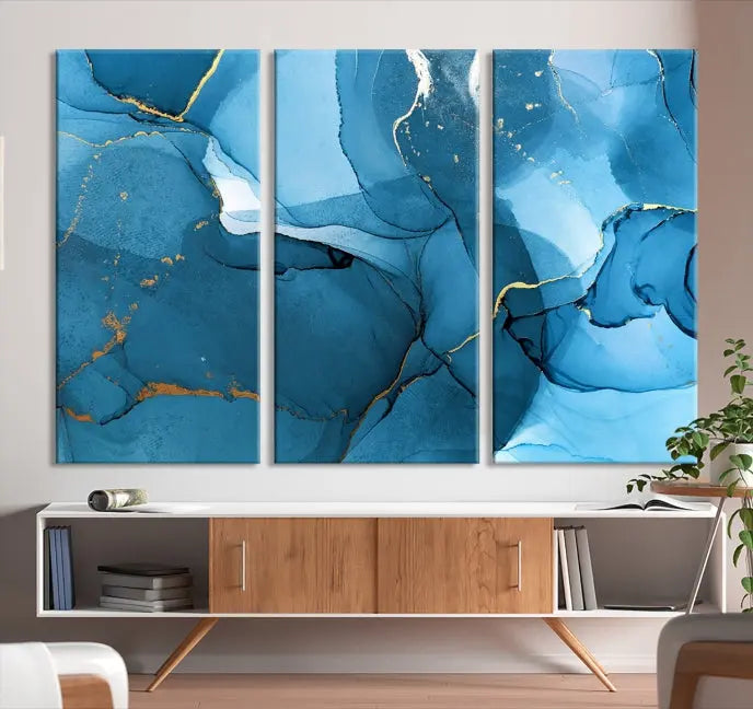 The Blue Marble Modern Wall Art Abstract Canvas Wall Art Print, gallery wrapped on museum-quality canvas, is displayed. Guarded by a UV-protective coating to maintain its lasting vibrancy.